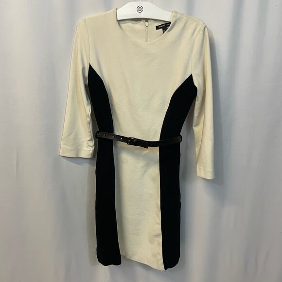 Mango White Long Sleeve Structured Sheath Dress Black Panels Belt Medium - Picture 1 of 7